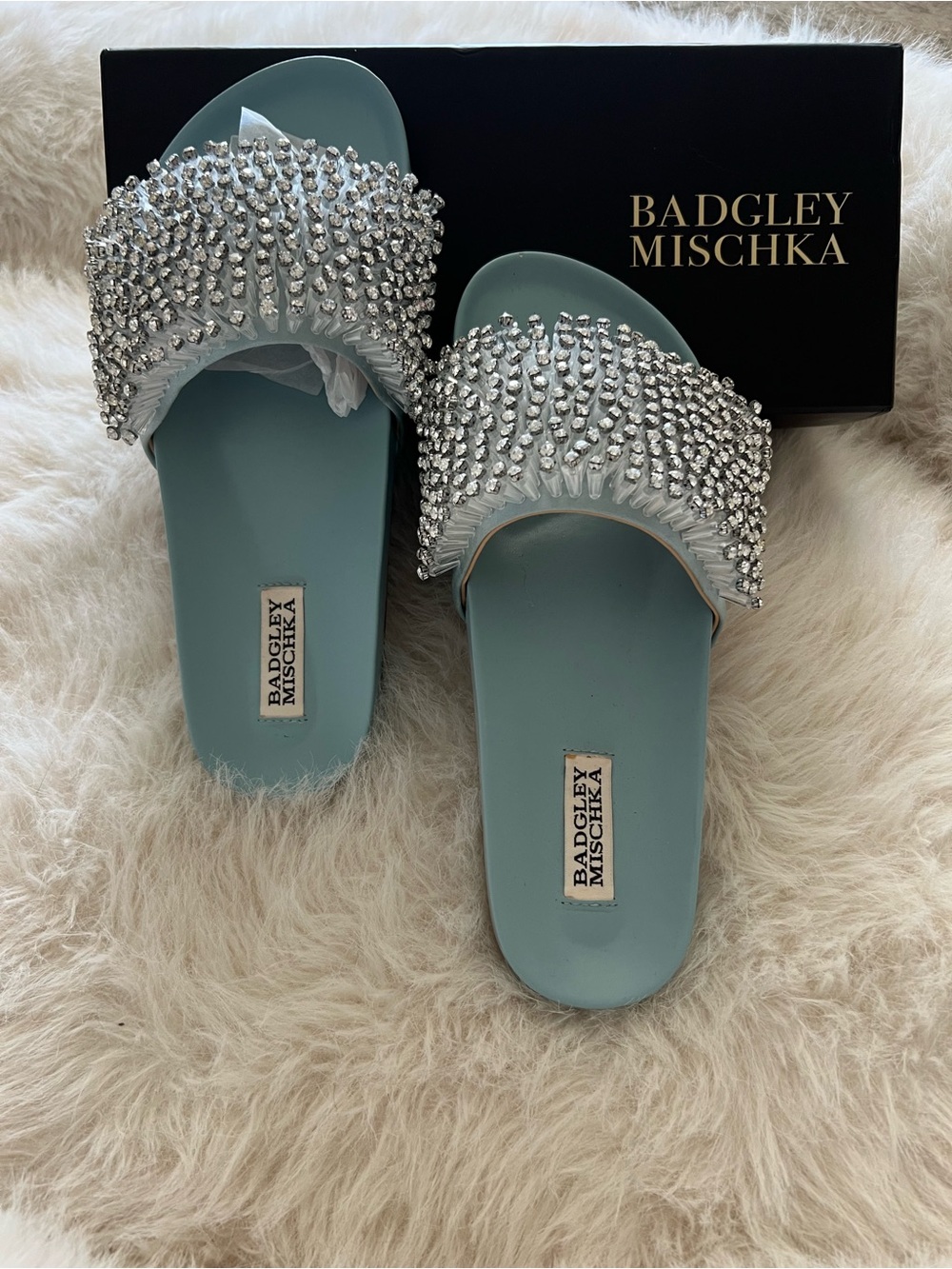 Badgley Mischka Powder Blue Crystal Slide Sandals